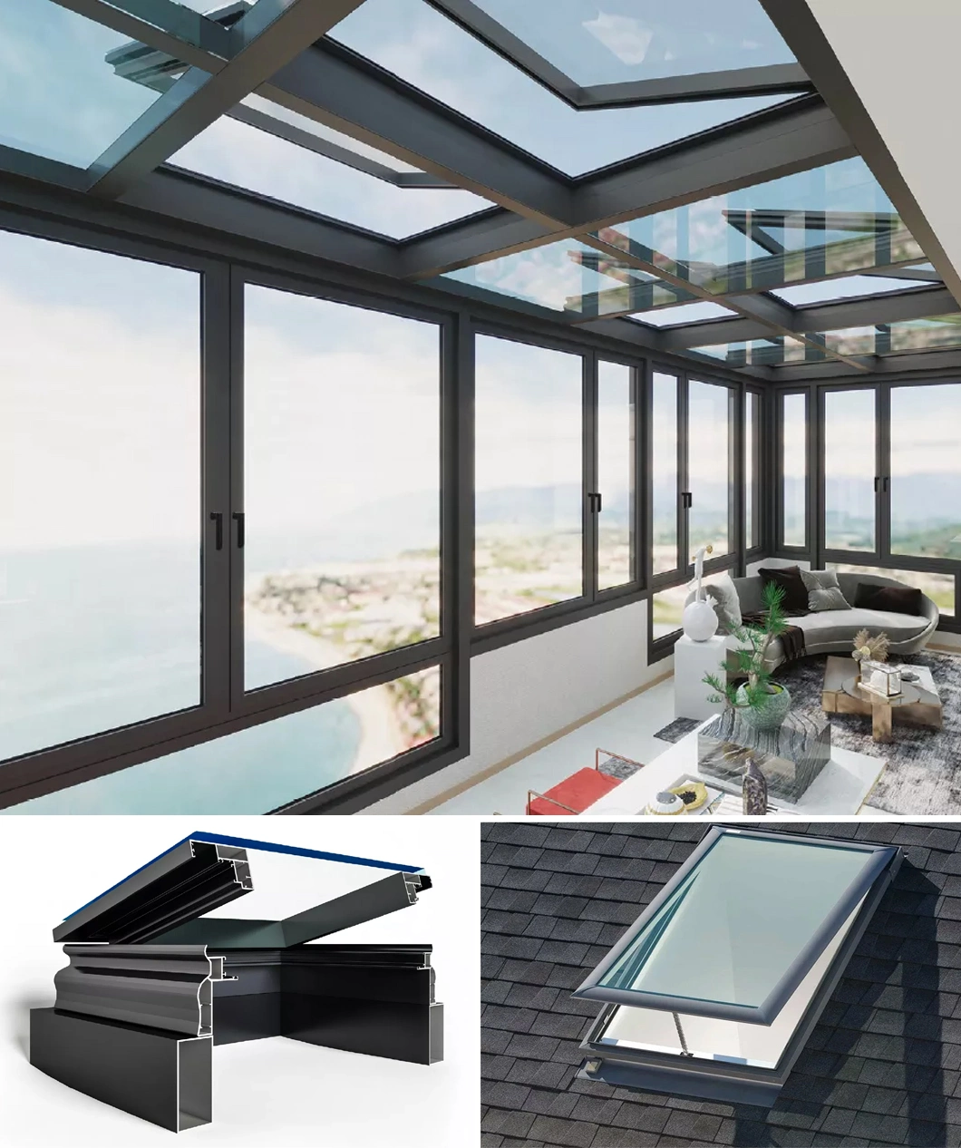 Window Roof Window Skylight Magnetic Screen Design Aluminium Tempered Glass Aluminum Alloy New Customized Swing Customized Size